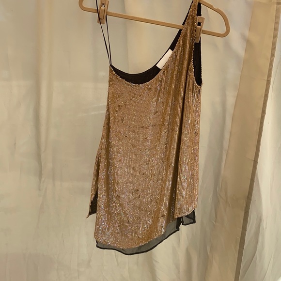 Y2K Gold One Shoulder Sequin Top 100% Silk - Picture 1 of 6